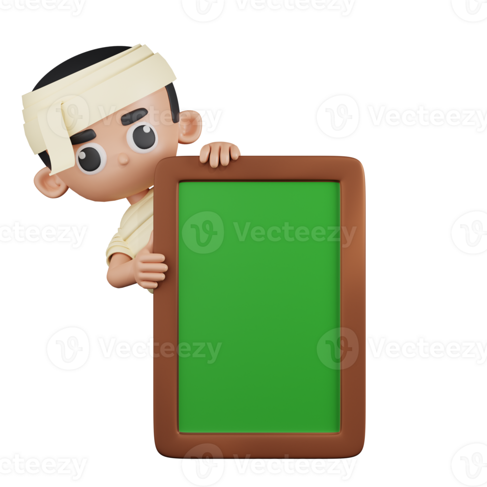 3d Character Mummy Behind A White Board Pose. 3d render isolated on transparent backdrop. png