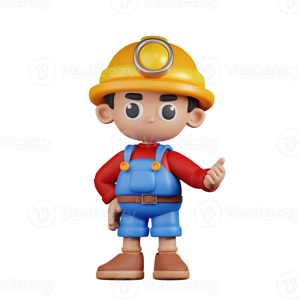 3d Character Miner Pointing Next Pose. 3d render isolated on transparent backdrop. png