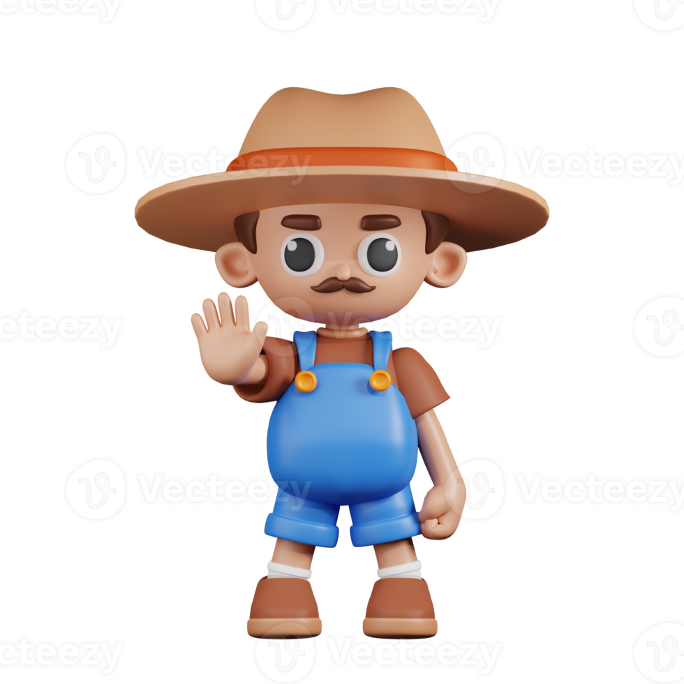 3d Character Farmer Doing The Stop Sign Pose. 3d render isolated on transparent backdrop. png