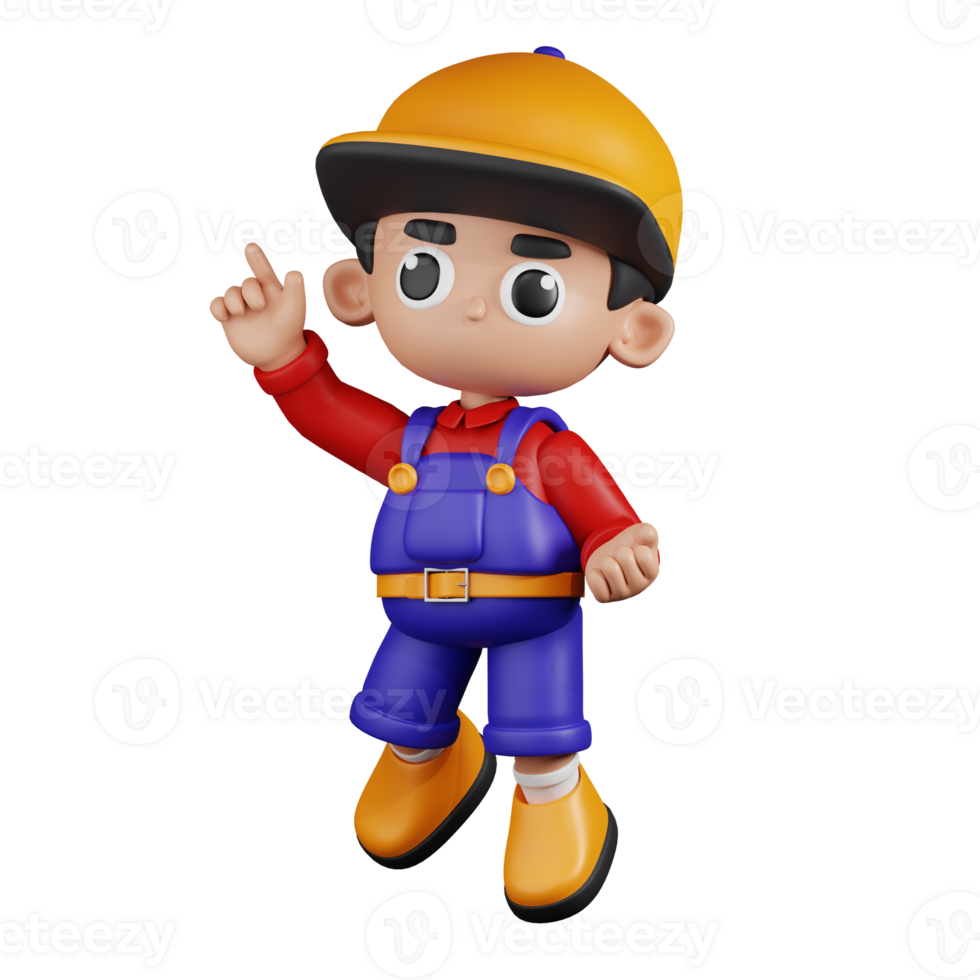 3d Character Mechanic Happy Jumping Pose Pose. 3d render isolated on transparent backdrop. png