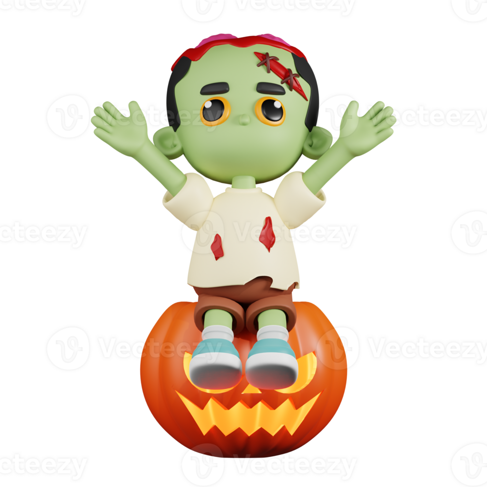 3d personaje zombi sentado en grande calabaza pose. 3d hacer aislado en transparente fondo. png