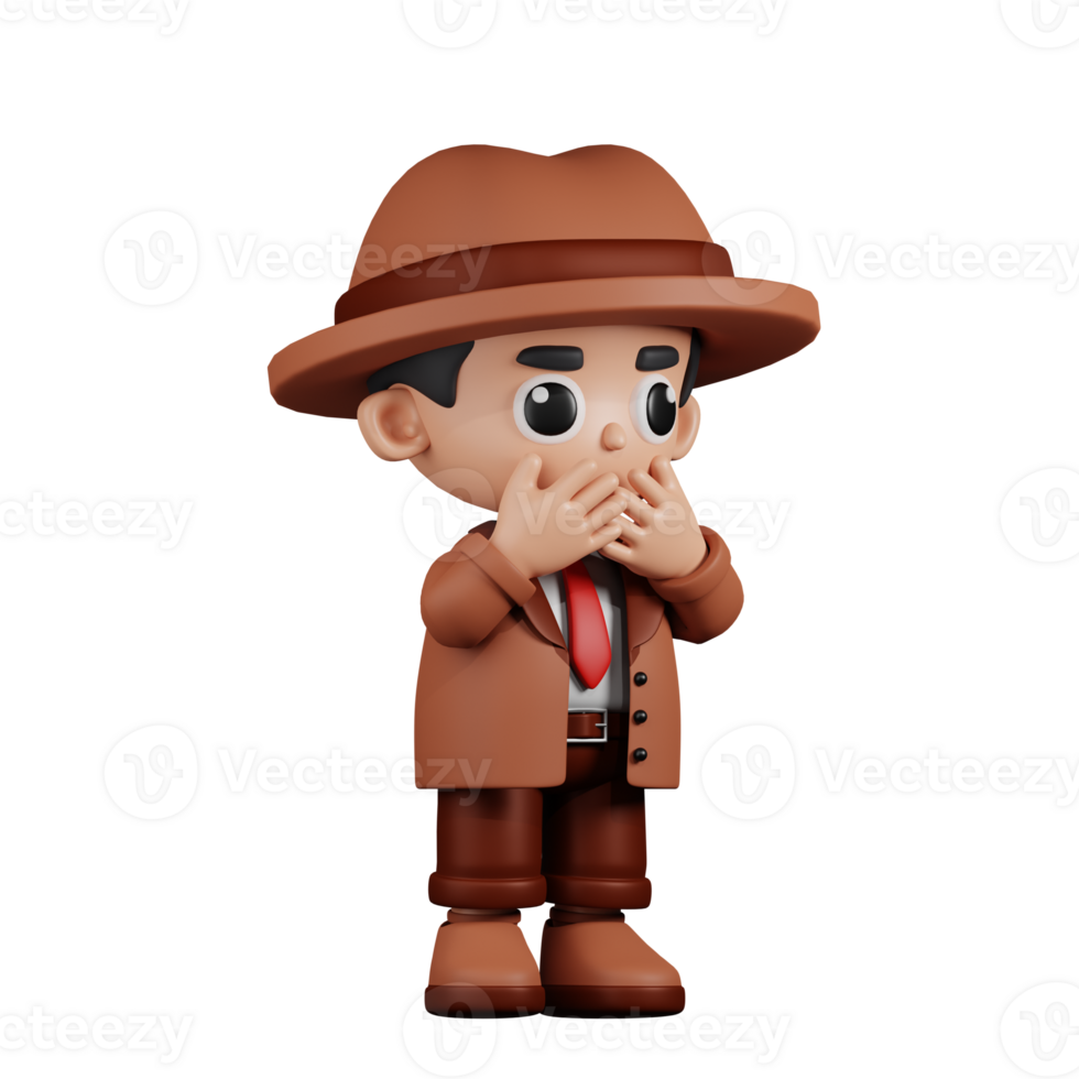 3d Character Detective Affraid Pose. 3d render isolated on transparent backdrop. png