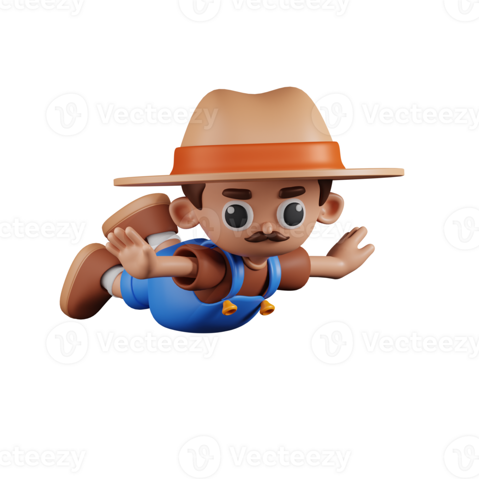 3d Character Farmer Flying Pose. 3d render isolated on transparent backdrop. png