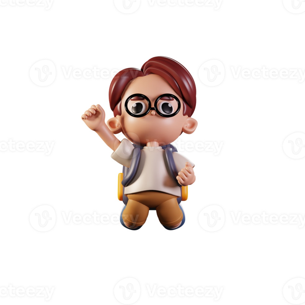 3d Character Student Jumping In The Air Pose. 3d render isolated on transparent backdrop. png