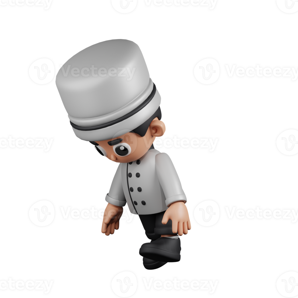 3d personagem chefe de cozinha cansado andar pose. 3d render isolado em transparente pano de fundo. png