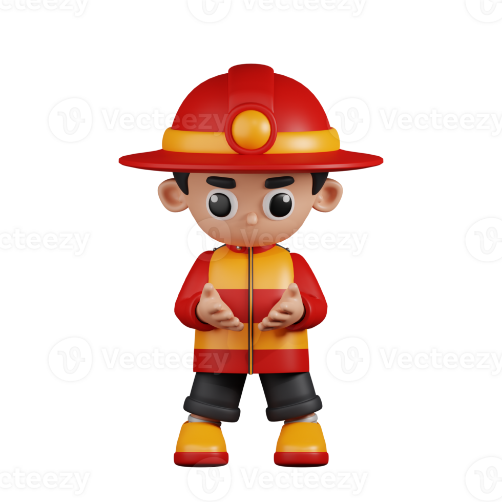 3d Character Firefighter Holding Something Pose. 3d render isolated on transparent backdrop. png