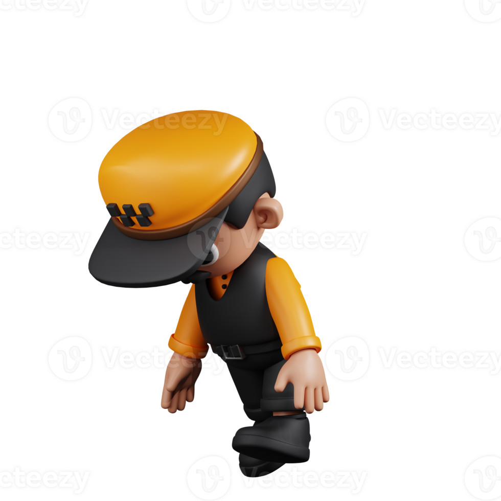 3d Character Taxi Driver Tired Walk Pose. 3d render isolated on transparent backdrop. png