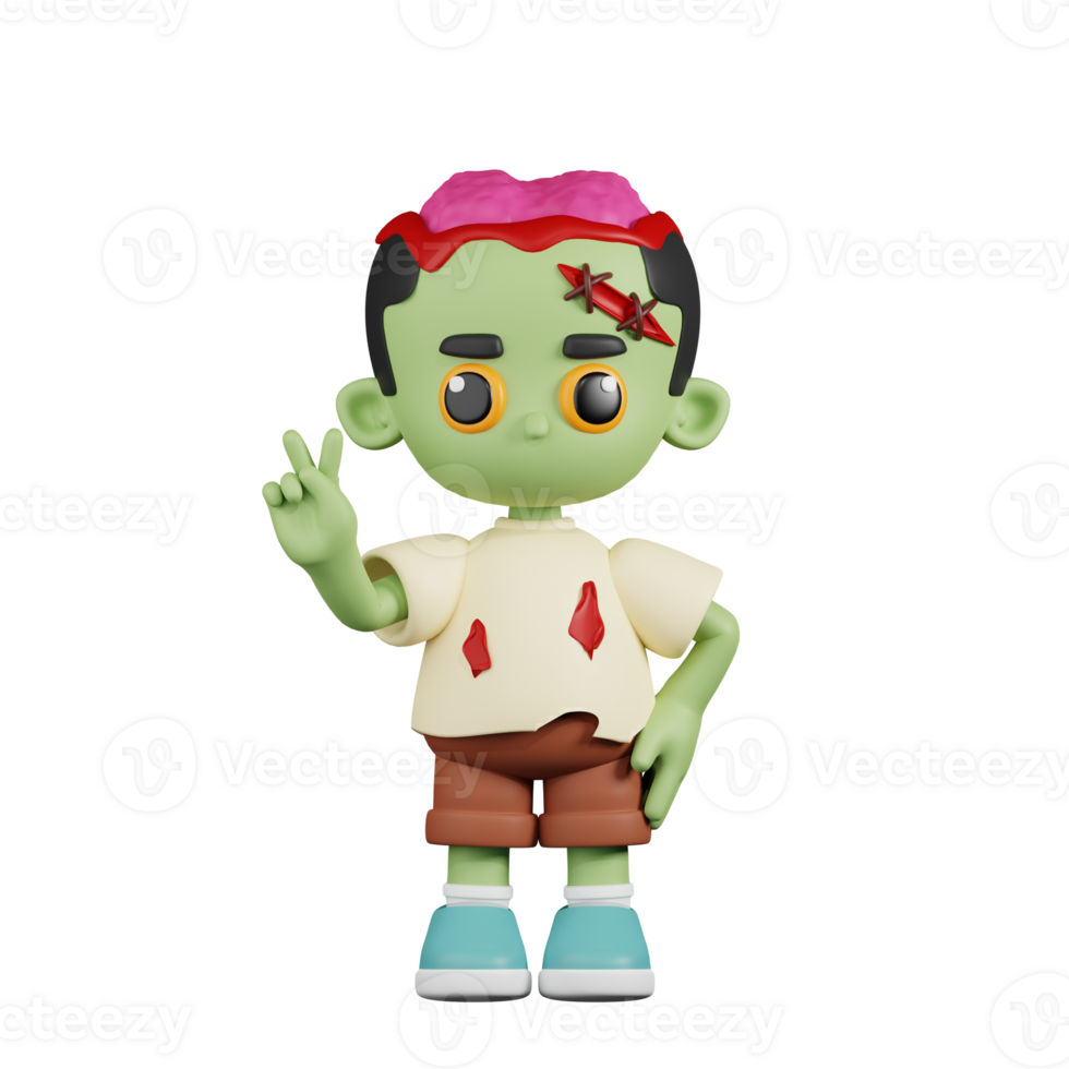 3d Character Zombie Showing Peace Sign Pose. 3d render isolated on transparent backdrop. png