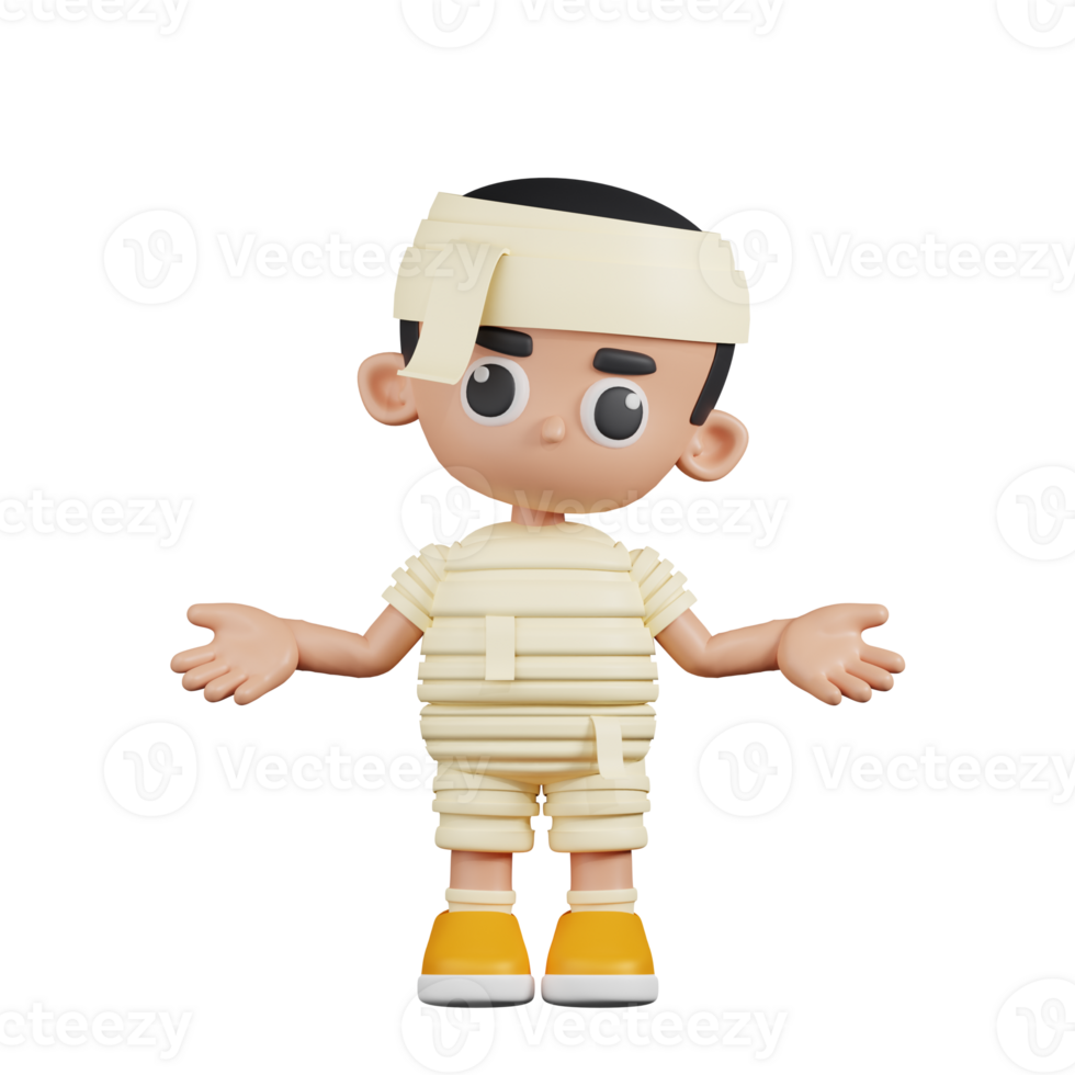 3d Character Mummy Doing The No Idea Pose. 3d render isolated on transparent backdrop. png