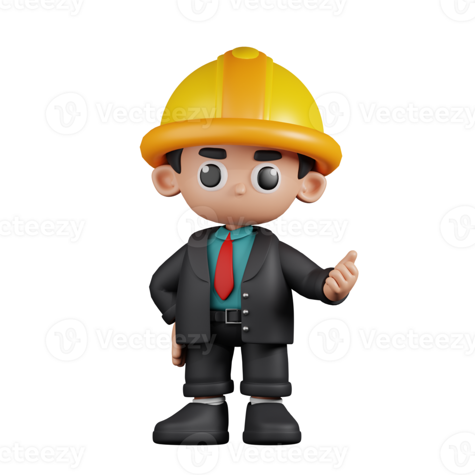 3d Character Engineer Pointing Next Pose. 3d render isolated on transparent backdrop. png