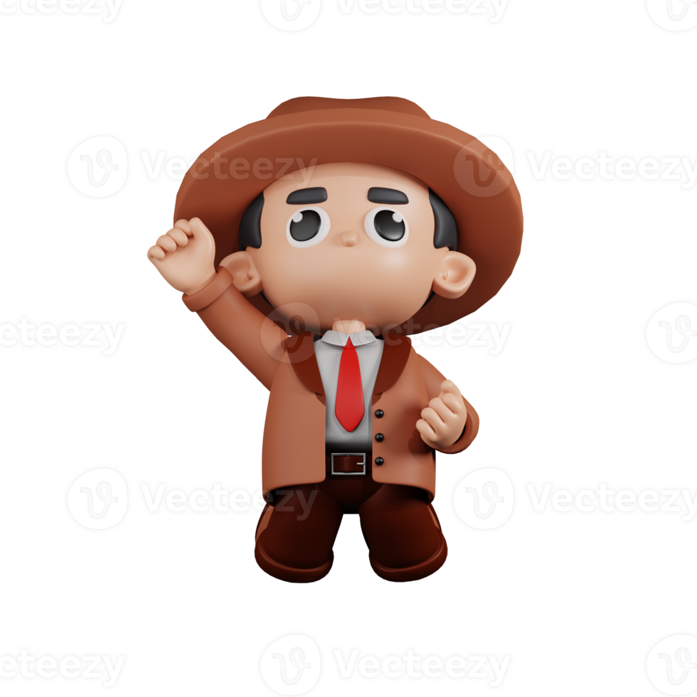 3d Character Detective Jumping In The Air Pose. 3d render isolated on transparent backdrop. png