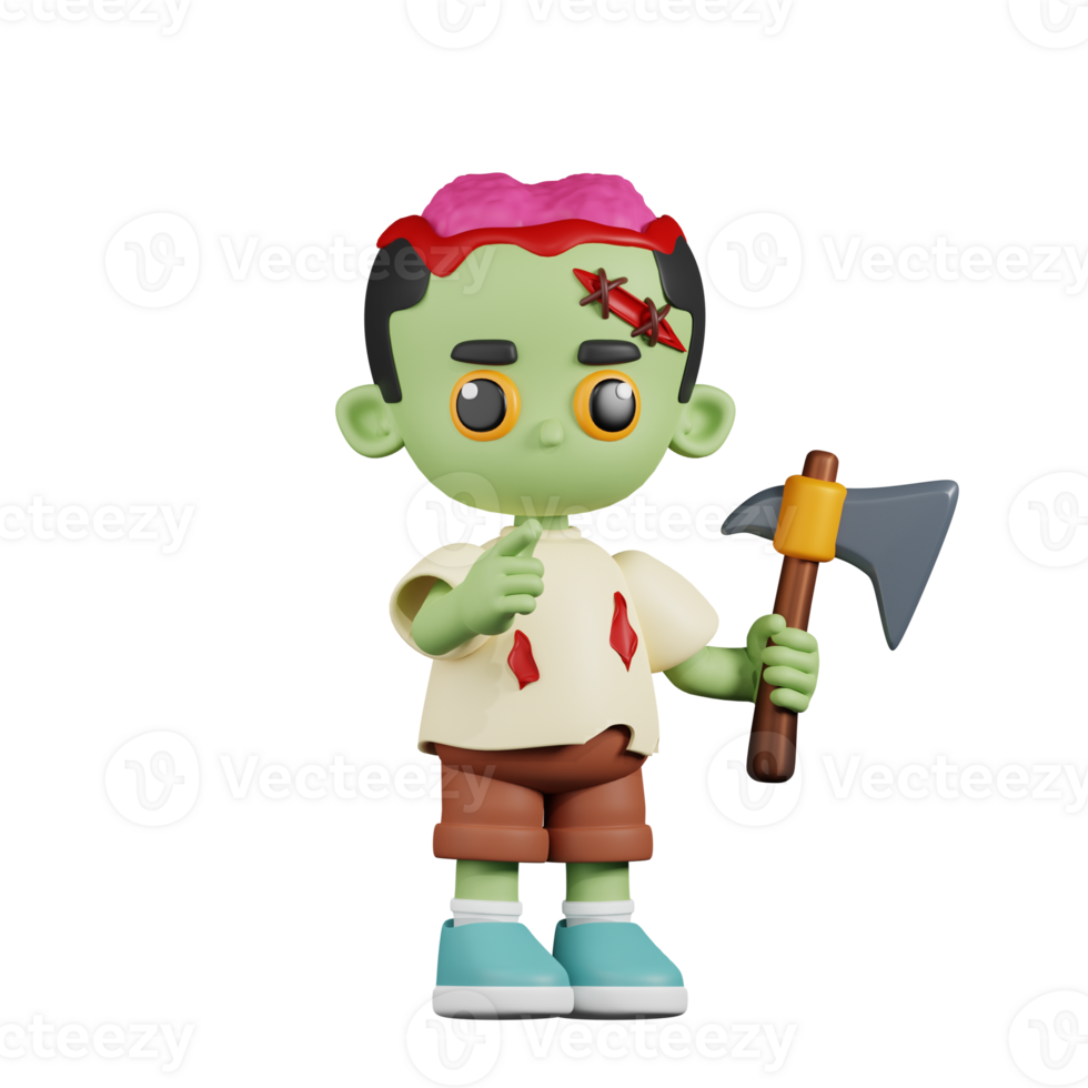 3d Charakter Zombie mit ein Scharf Axt Pose. 3d machen isoliert auf transparent Hintergrund. png