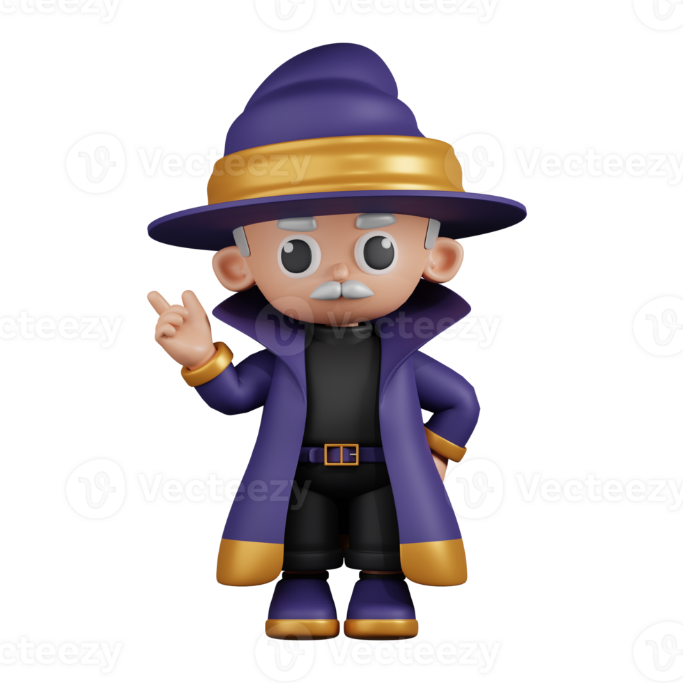 3d Character Wizard Pointing Up Pose. 3d render isolated on transparent backdrop. png