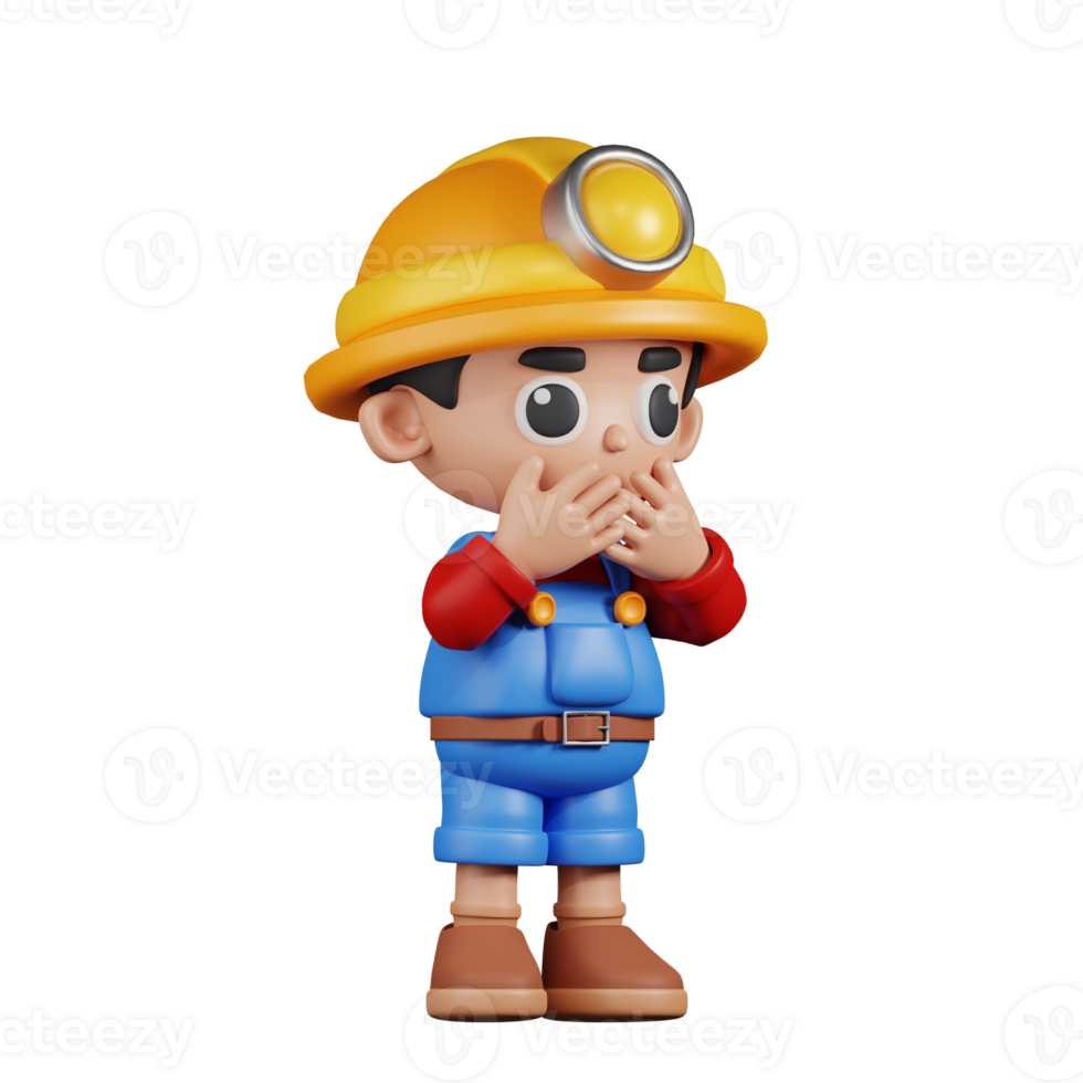 3d Character Miner Affraid Pose. 3d render isolated on transparent backdrop. png