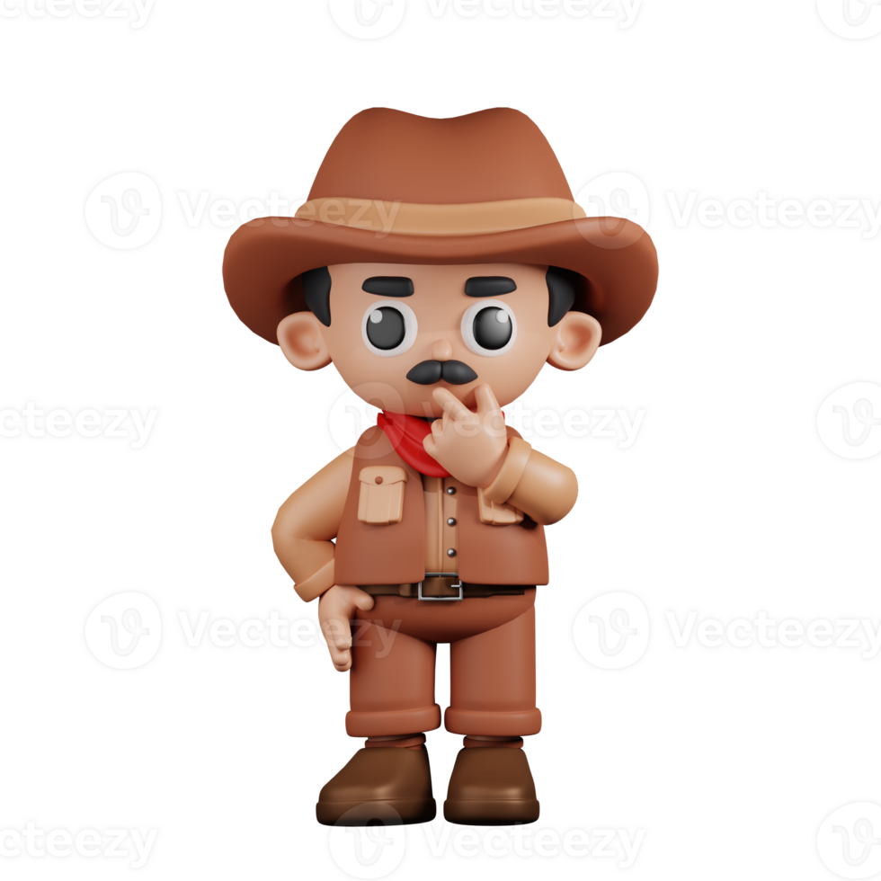 3d Character Cowboy Curious Pose. 3d render isolated on transparent backdrop. png