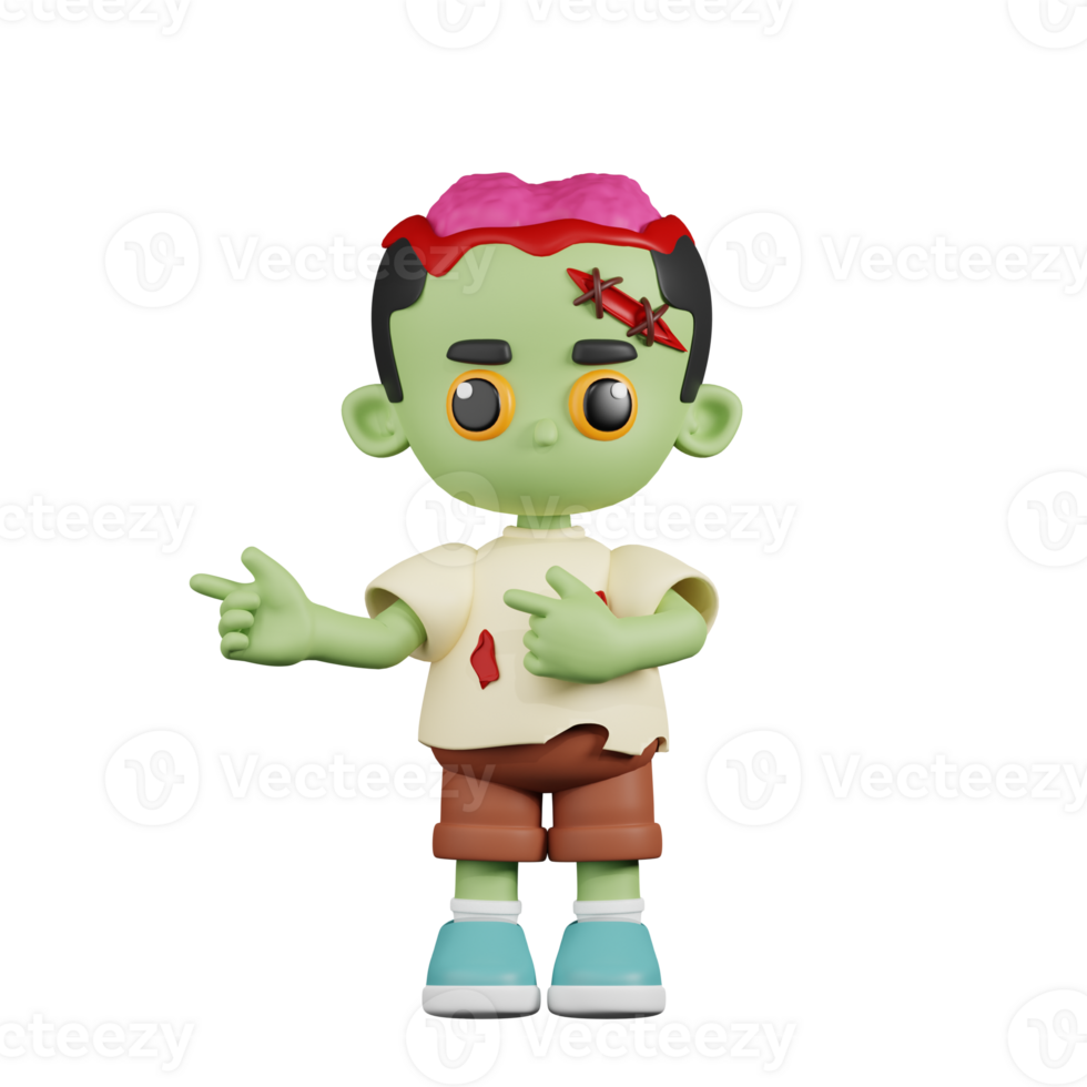 3d Character Zombie Pointing Fingers In Direction Pose. 3d render isolated on transparent backdrop. png