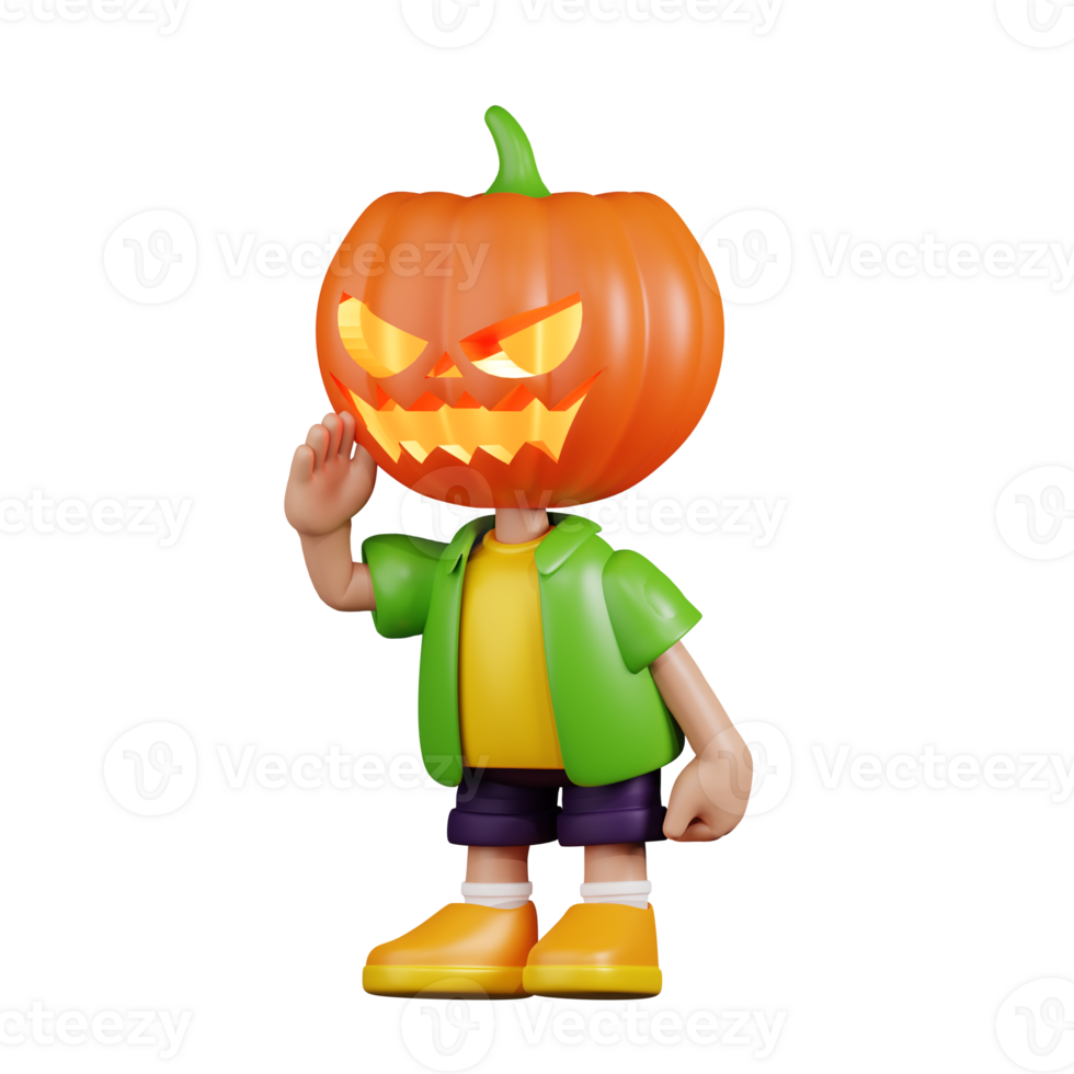 3d Character Pumpkin Looking for Something Pose. 3d render isolated on transparent backdrop. png