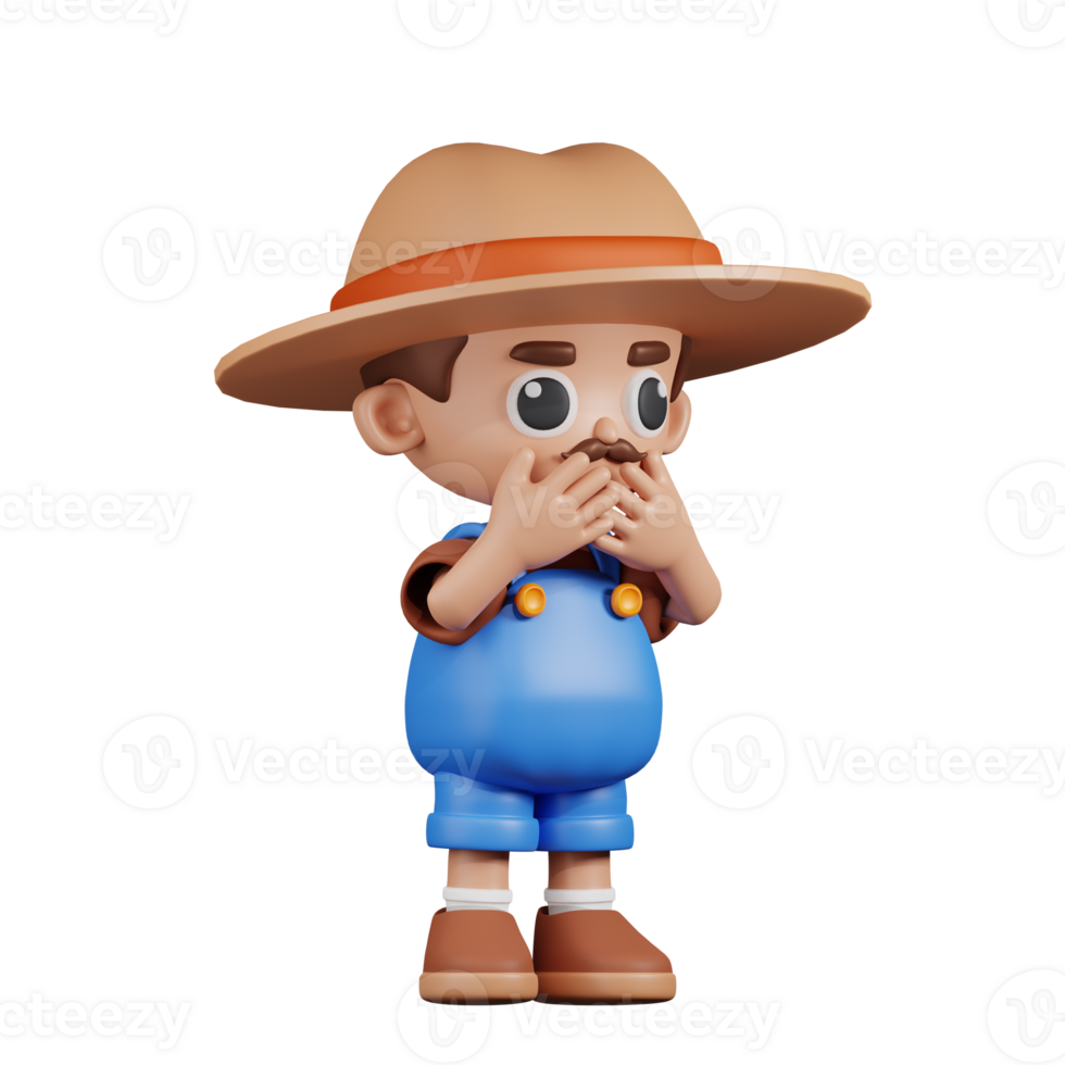3d Character Farmer Affraid Pose. 3d render isolated on transparent backdrop. png