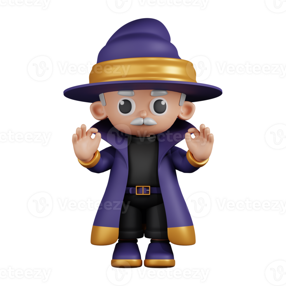 3d Character Wizard Giving Ok Hand Gesture Pose. 3d render isolated on transparent backdrop. png
