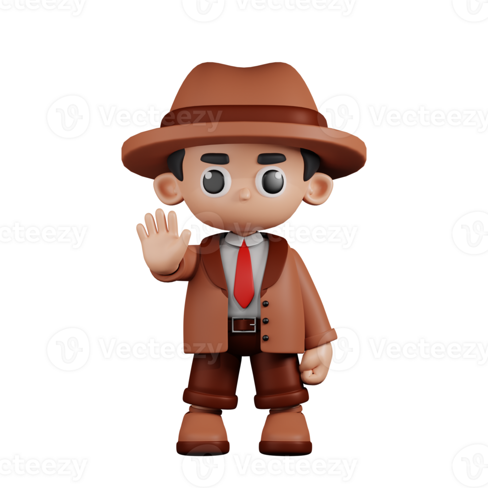 3d Character Detective Doing The Stop Sign Pose. 3d render isolated on transparent backdrop. png