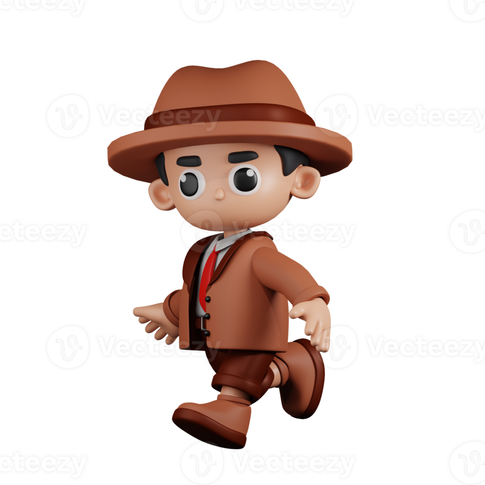 3d Character Detective Running Pose. 3d render isolated on transparent backdrop. png