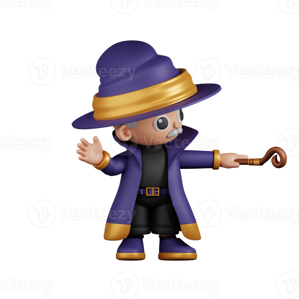 3d Character Wizard Pointing Up The Stick Pose. 3d render isolated on transparent backdrop. png