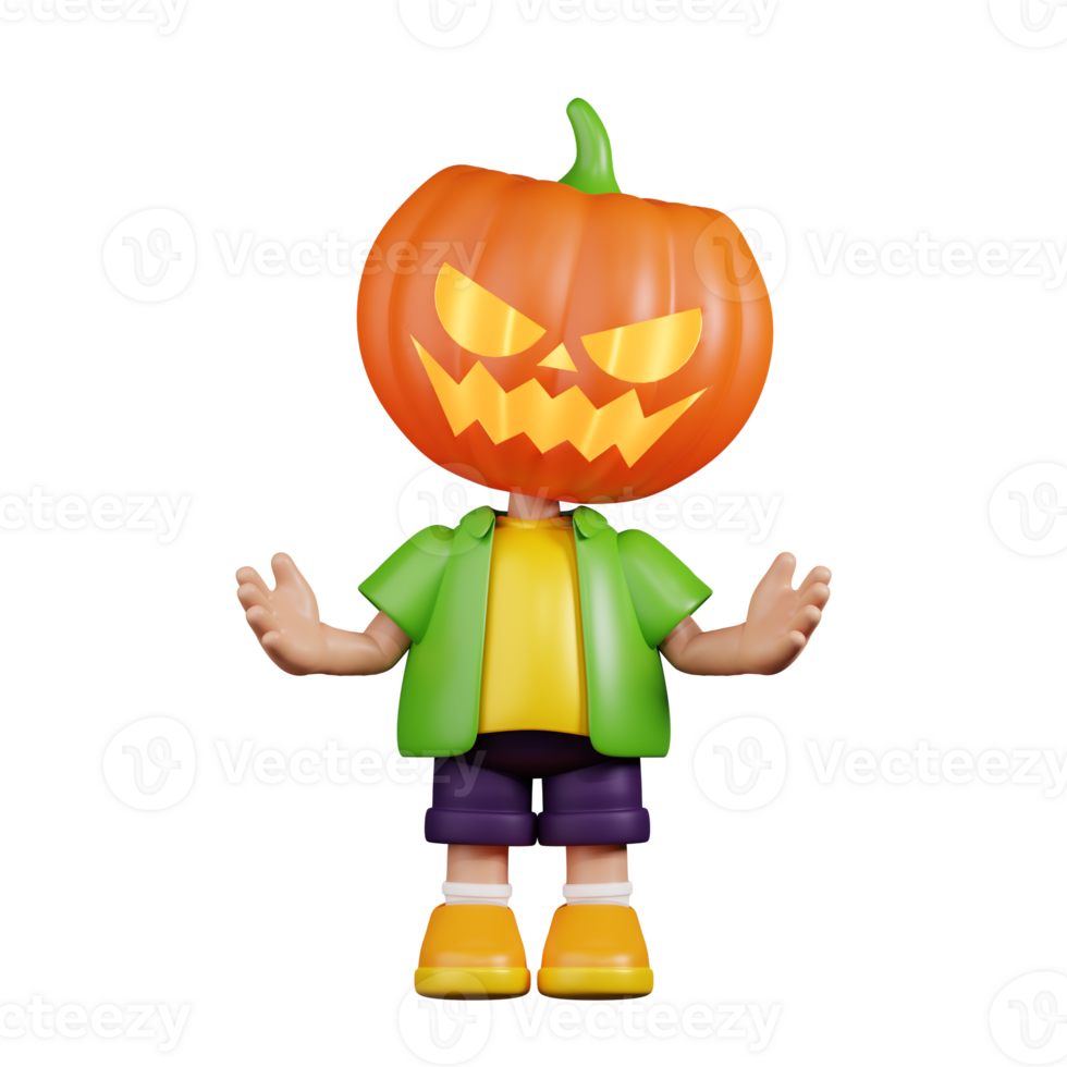 3d Character Pumpkin Doing The No Idea Pose. 3d render isolated on transparent backdrop. png