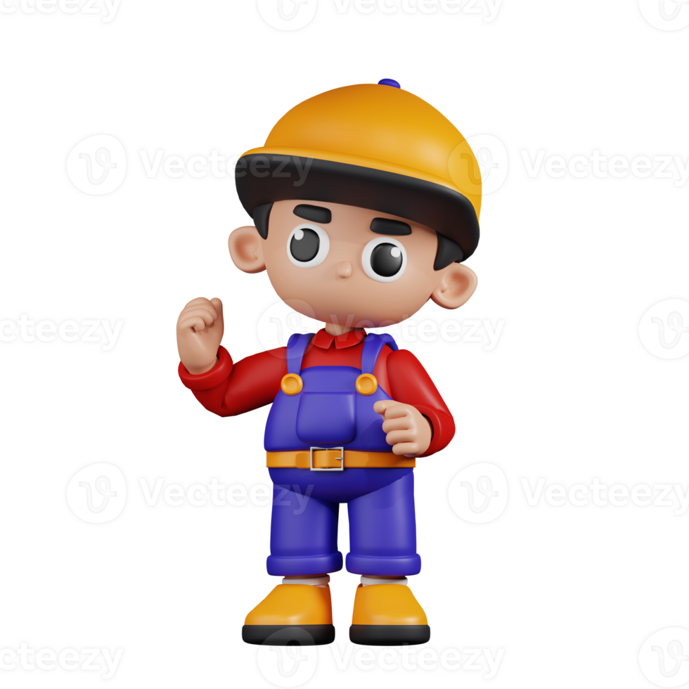 3d Character Mechanic Congratulation Pose. 3d render isolated on transparent backdrop. png