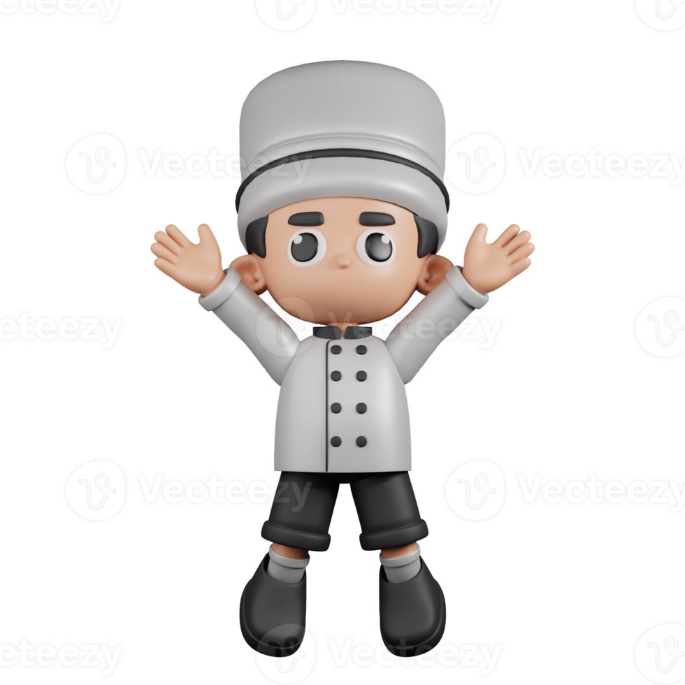 3d Character Chef Jumping Celebration Pose. 3d render isolated on transparent backdrop. png