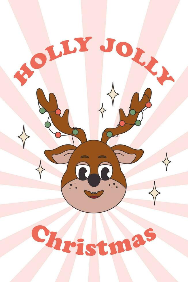 Retro Christmas card with cute deer. Groovy character vector