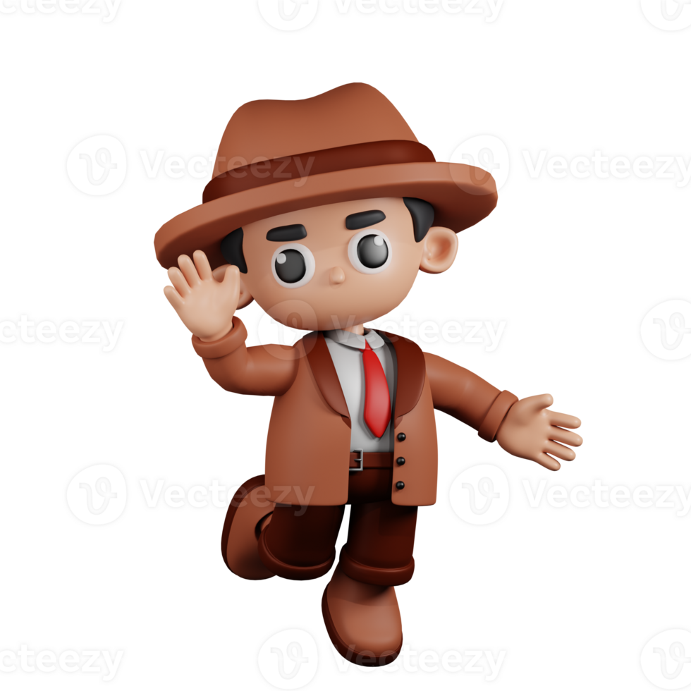 3d Character Detective Happy Pose. 3d render isolated on transparent backdrop. png