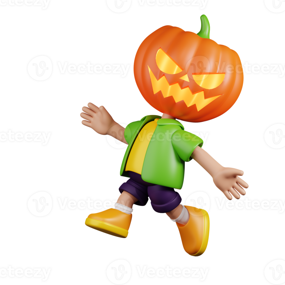 3d Character Pumpkin Happy Jumping Pose. 3d render isolated on transparent backdrop. png