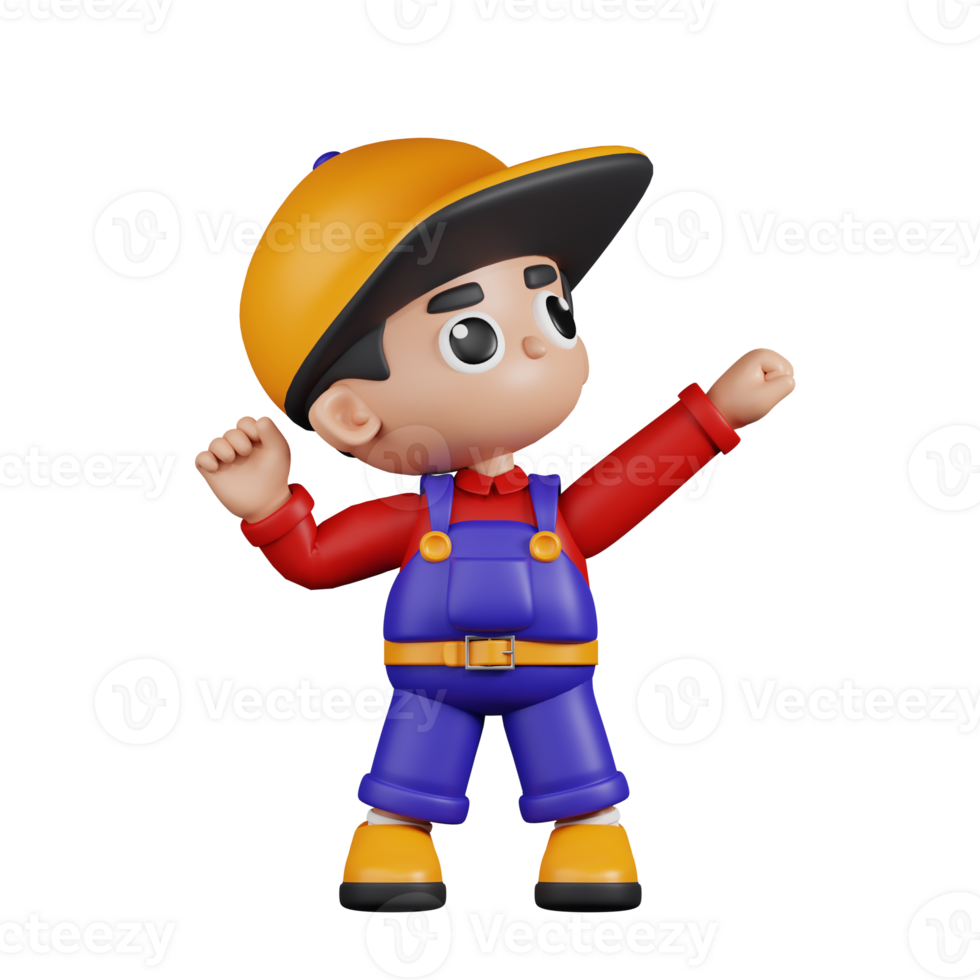 3d Character Mechanic Looking Victorious Pose. 3d render isolated on transparent backdrop. png
