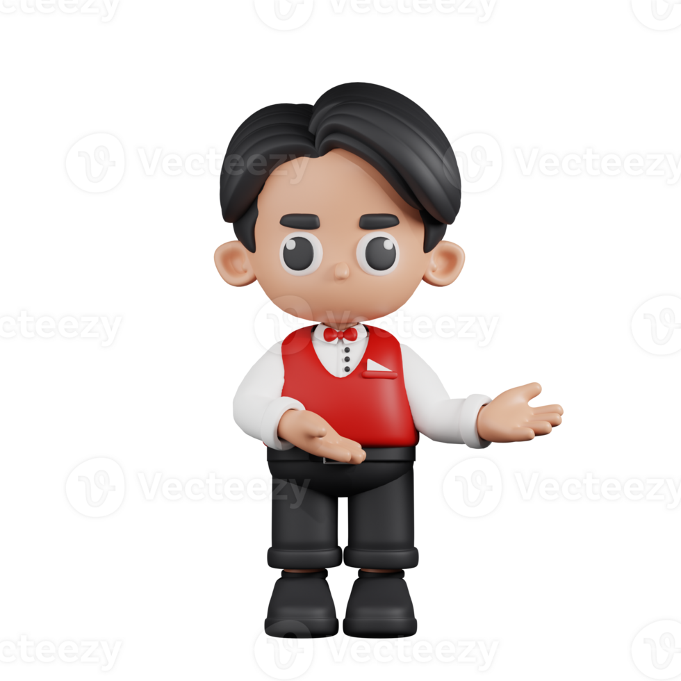 3d Character Waitress Pointing To Something Pose. 3d render isolated on transparent backdrop. png