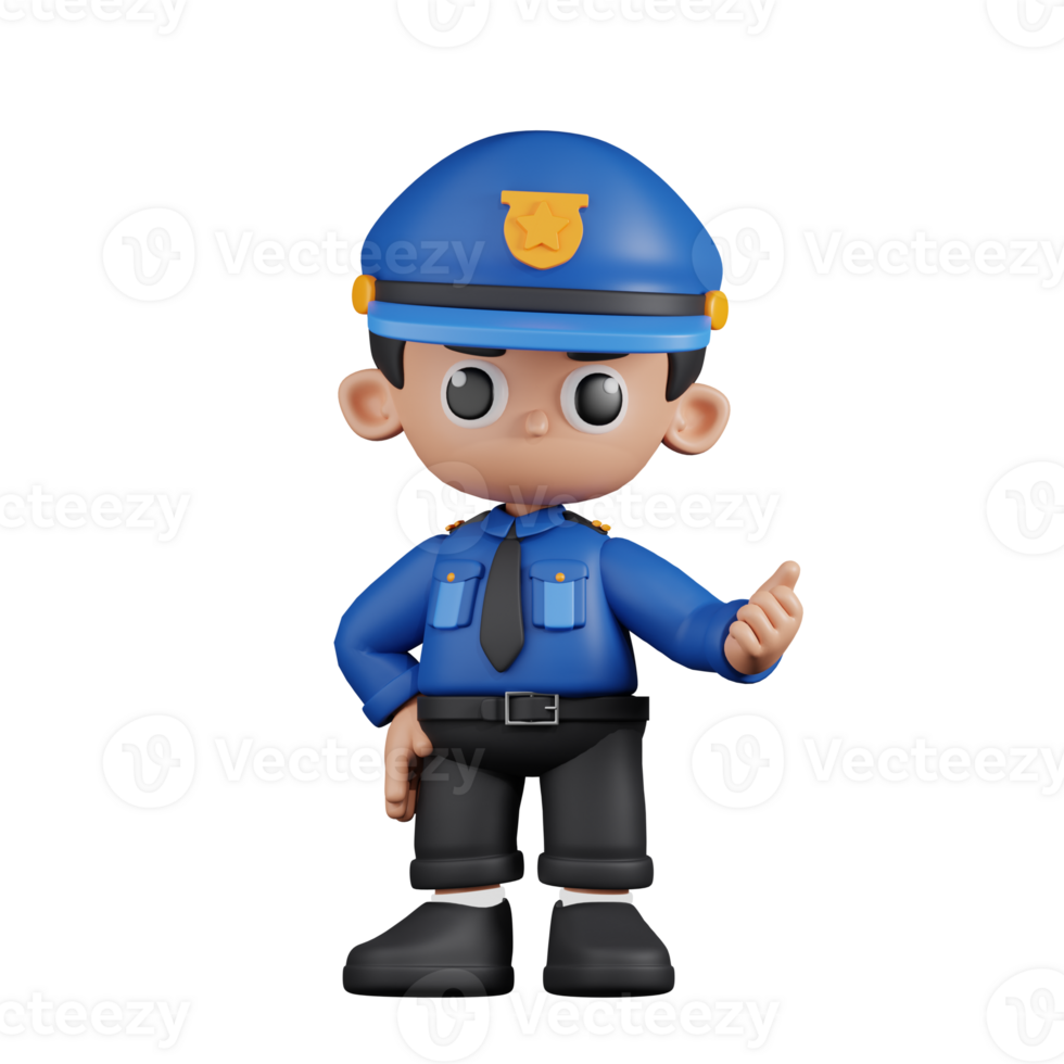3d Character Policeman Pointing Next Pose. 3d render isolated on transparent backdrop. png