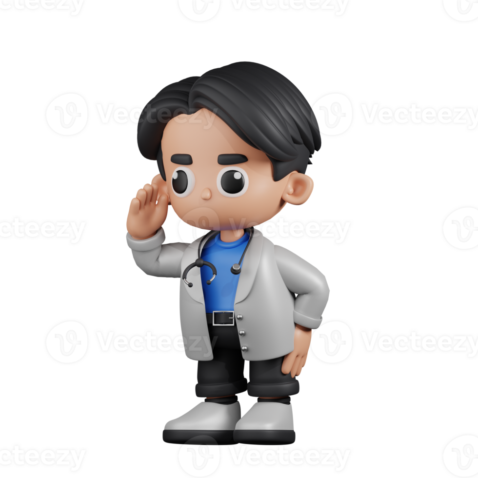 3d Character Doctor Looking for Something Pose. 3d render isolated on transparent backdrop. png