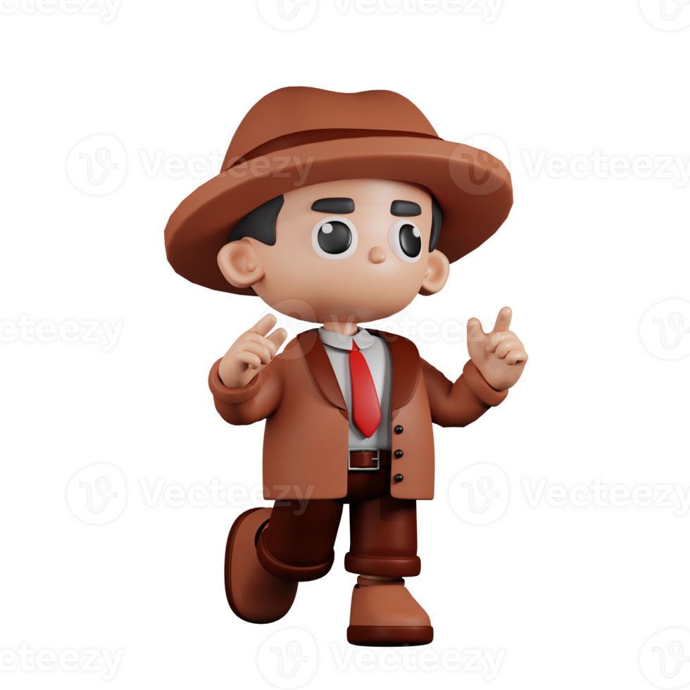 3d Character Detective Feeling Happy Pose. 3d render isolated on transparent backdrop. png