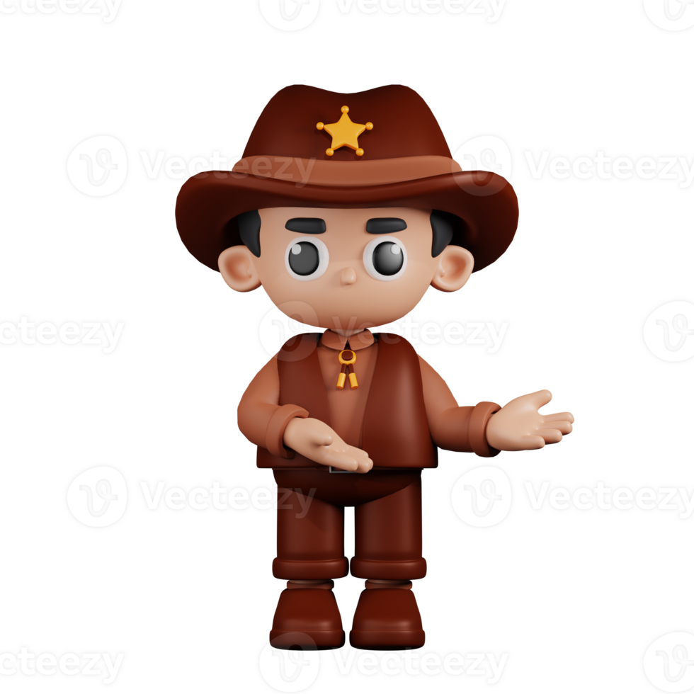 3d Character Sheriff Pointing To Something Pose. 3d render isolated on transparent backdrop. png