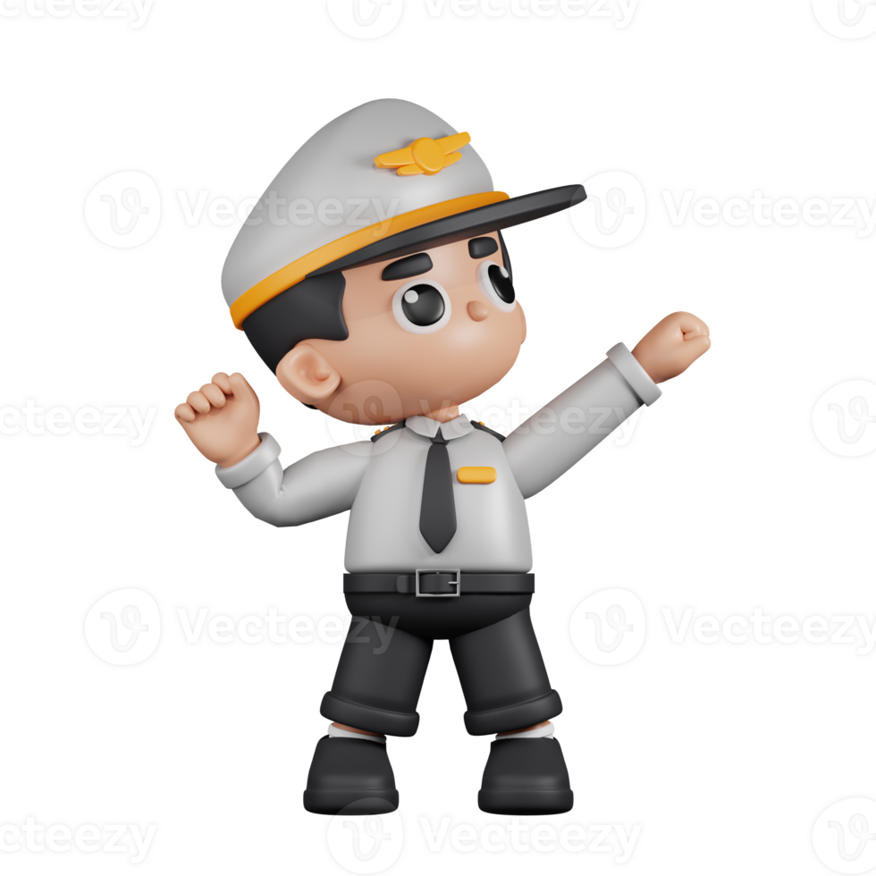 3d personagem piloto olhando vitorioso pose. 3d render isolado em transparente pano de fundo. png