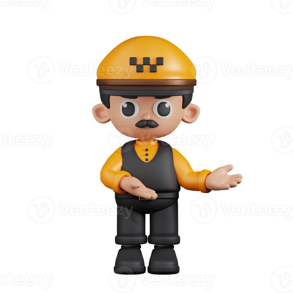 3d Character Taxi Driver Pointing To Something Pose. 3d render isolated on transparent backdrop. png