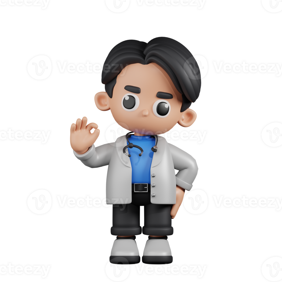 3d Character Doctor Giving Ok Sign Pose. 3d render isolated on transparent backdrop. png