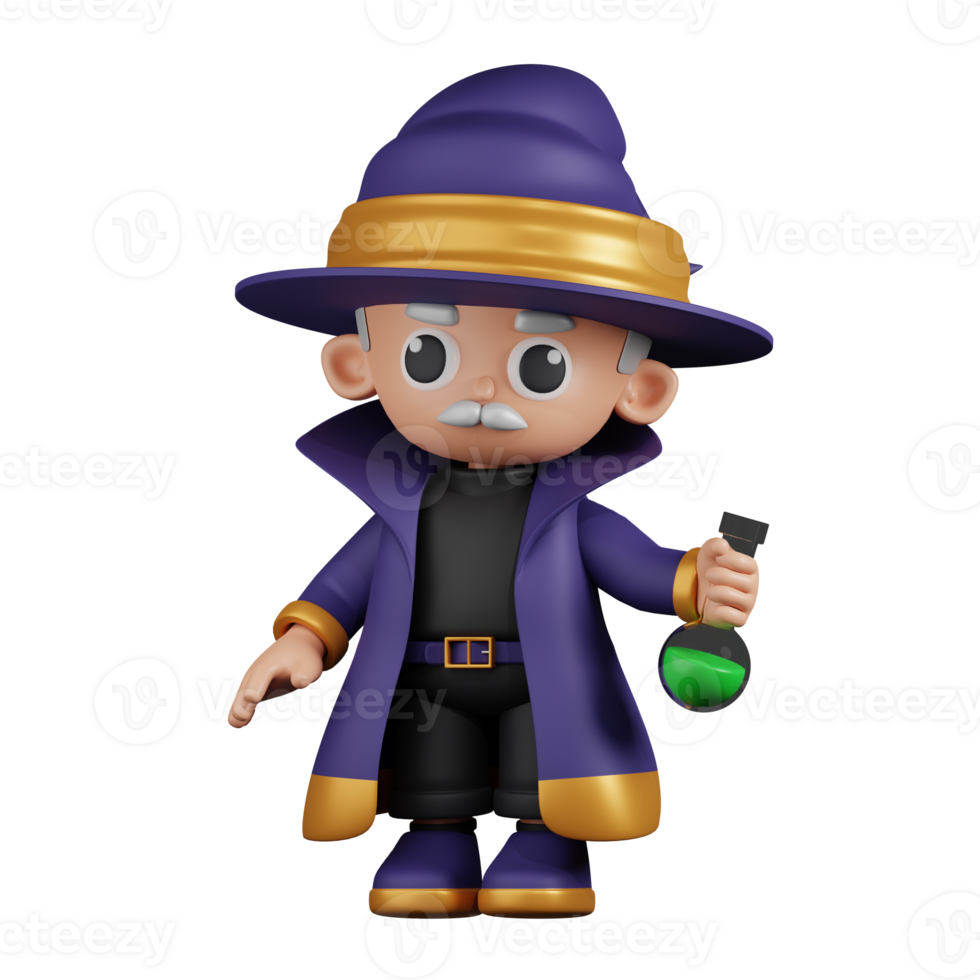 3d Character Wizard Holding His Potion Pose. 3d render isolated on transparent backdrop. png