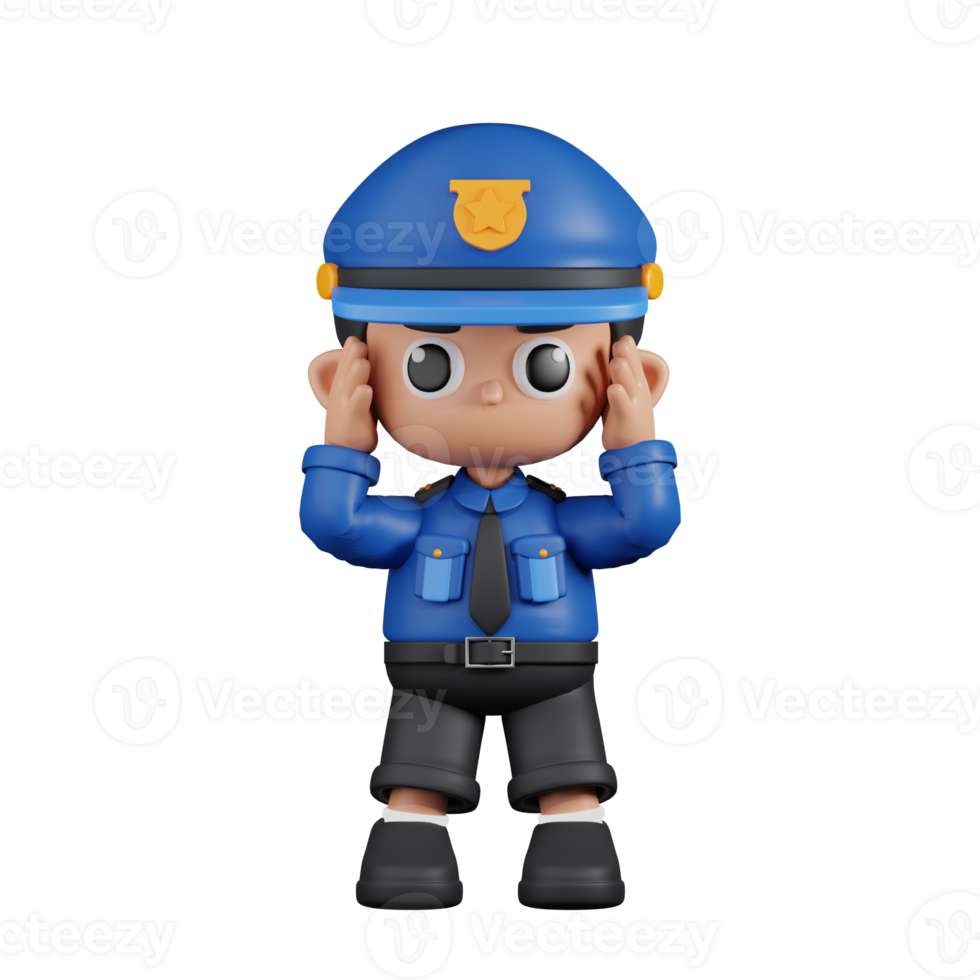 3d Character Policeman Dizzy Pose. 3d render isolated on transparent backdrop. png