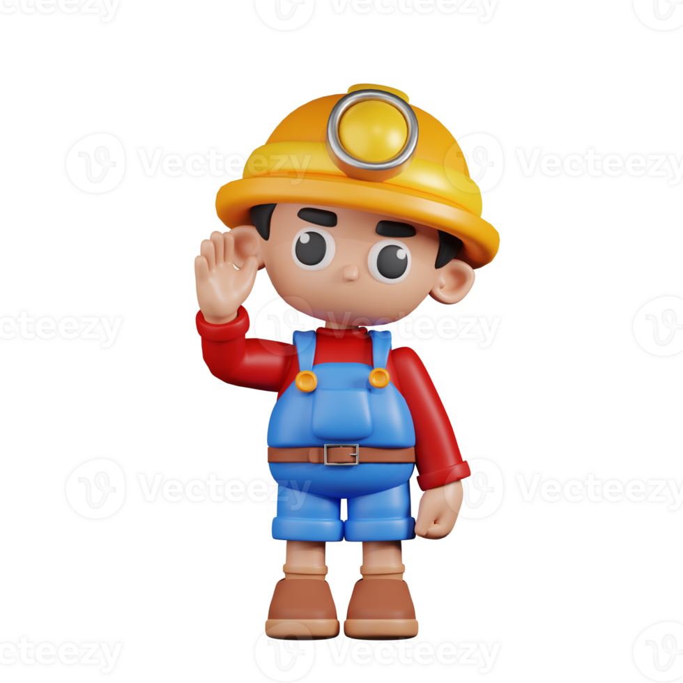 3d Character Miner Greeting Pose. 3d render isolated on transparent backdrop. png