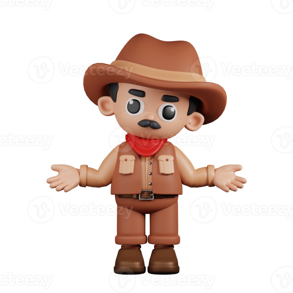 3d Character Cowboy Doing The No Idea Pose. 3d render isolated on transparent backdrop. png
