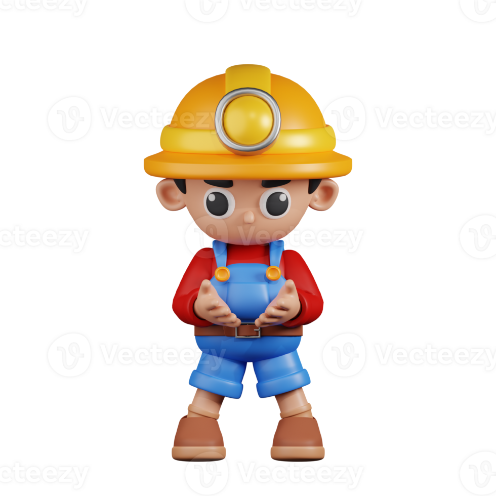 3d Character Miner Holding Something Pose. 3d render isolated on transparent backdrop. png