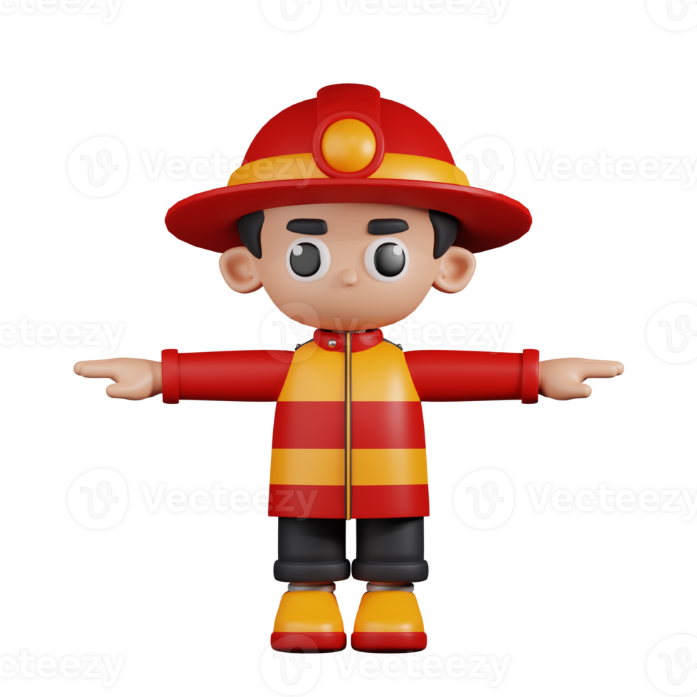 3d Character Firefighter T Pose Pose. 3d render isolated on transparent backdrop. png