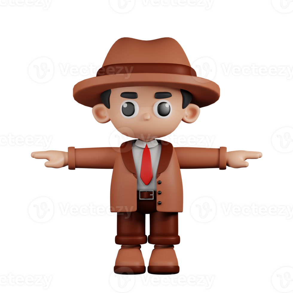 3d Character Detective T Pose. 3d render isolated on transparent backdrop. png