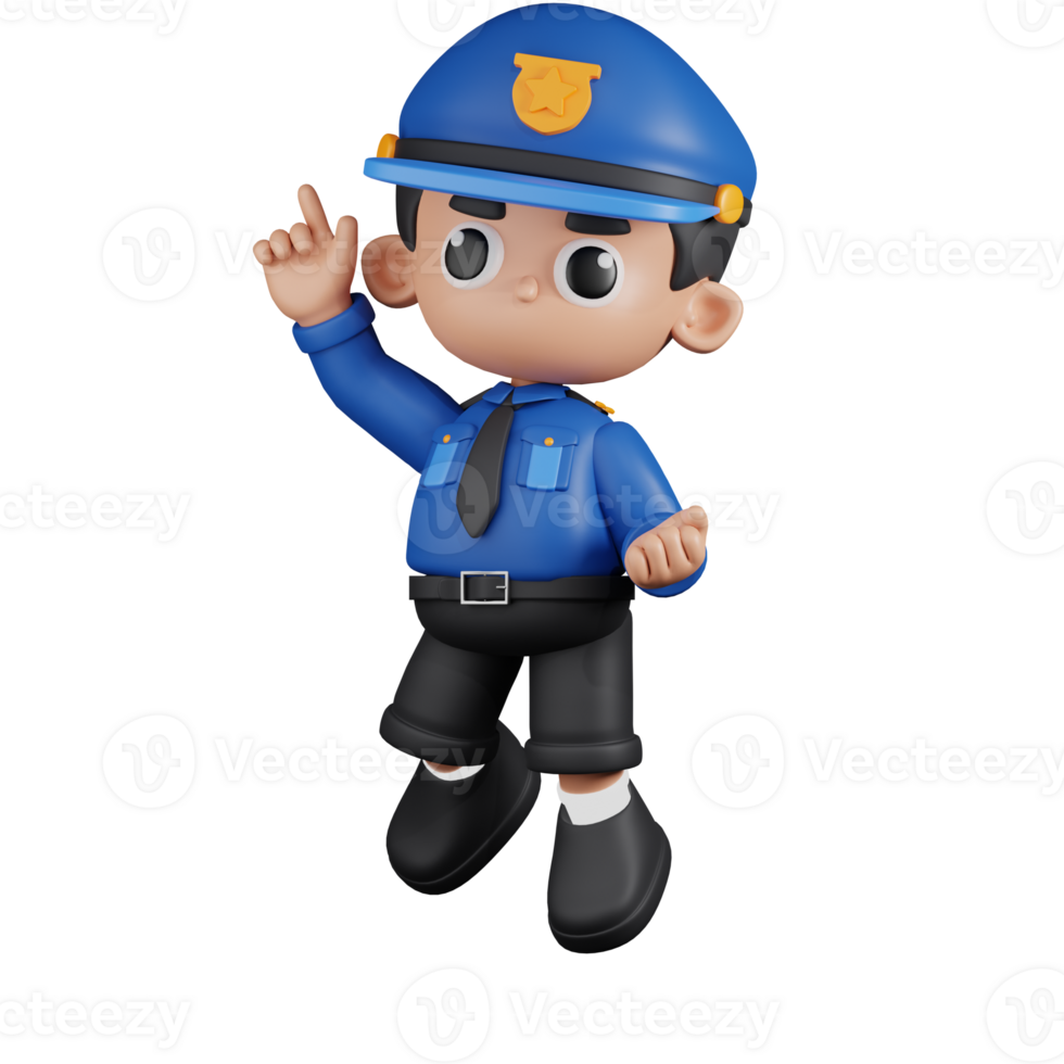 3d Character Policeman Happy Jumping Poses. 3d render isolated on transparent backdrop. png
