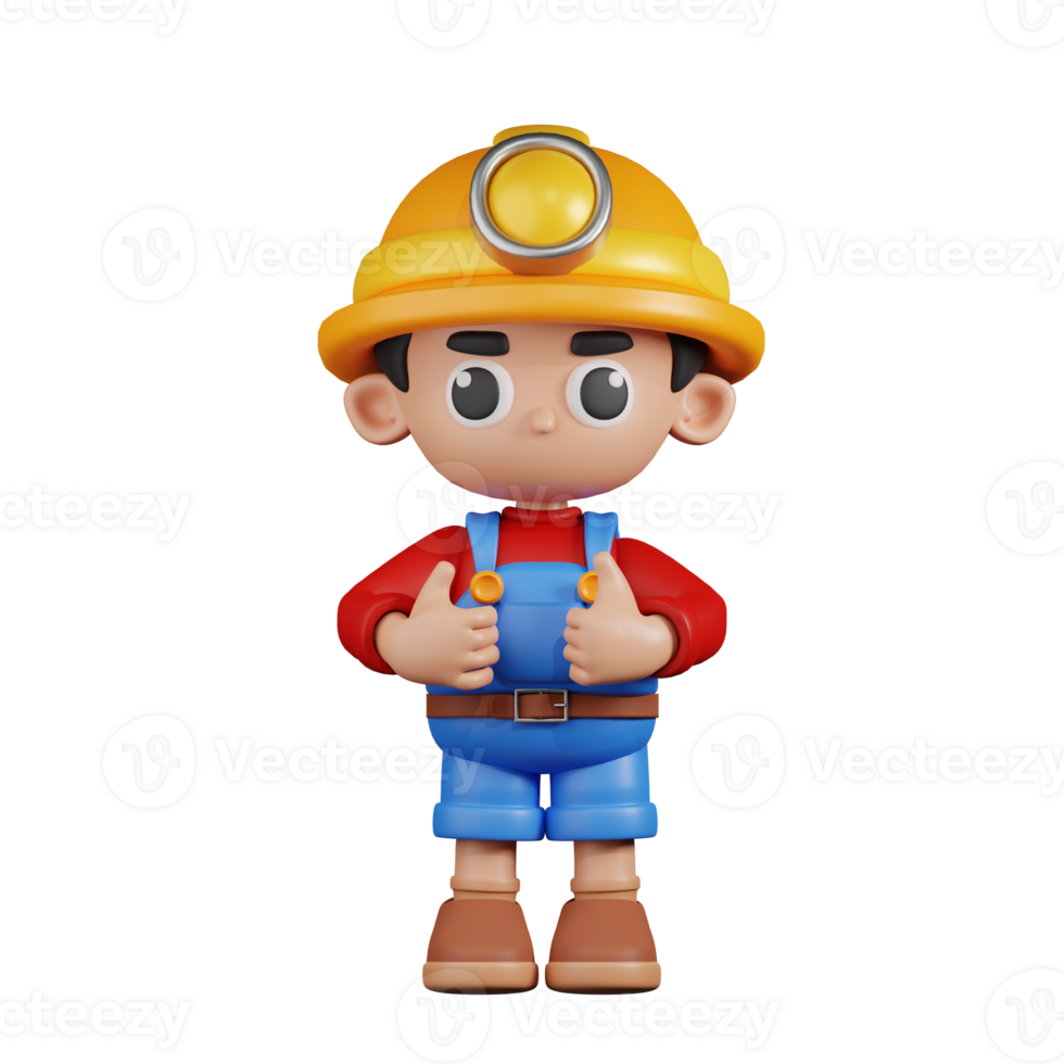 3d Character Miner Showing Thumbs Up Pose. 3d render isolated on transparent backdrop. png